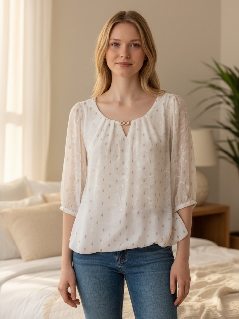 Sara Michelle White Blouse with textured flower detail & gold accents LP.. EUC.